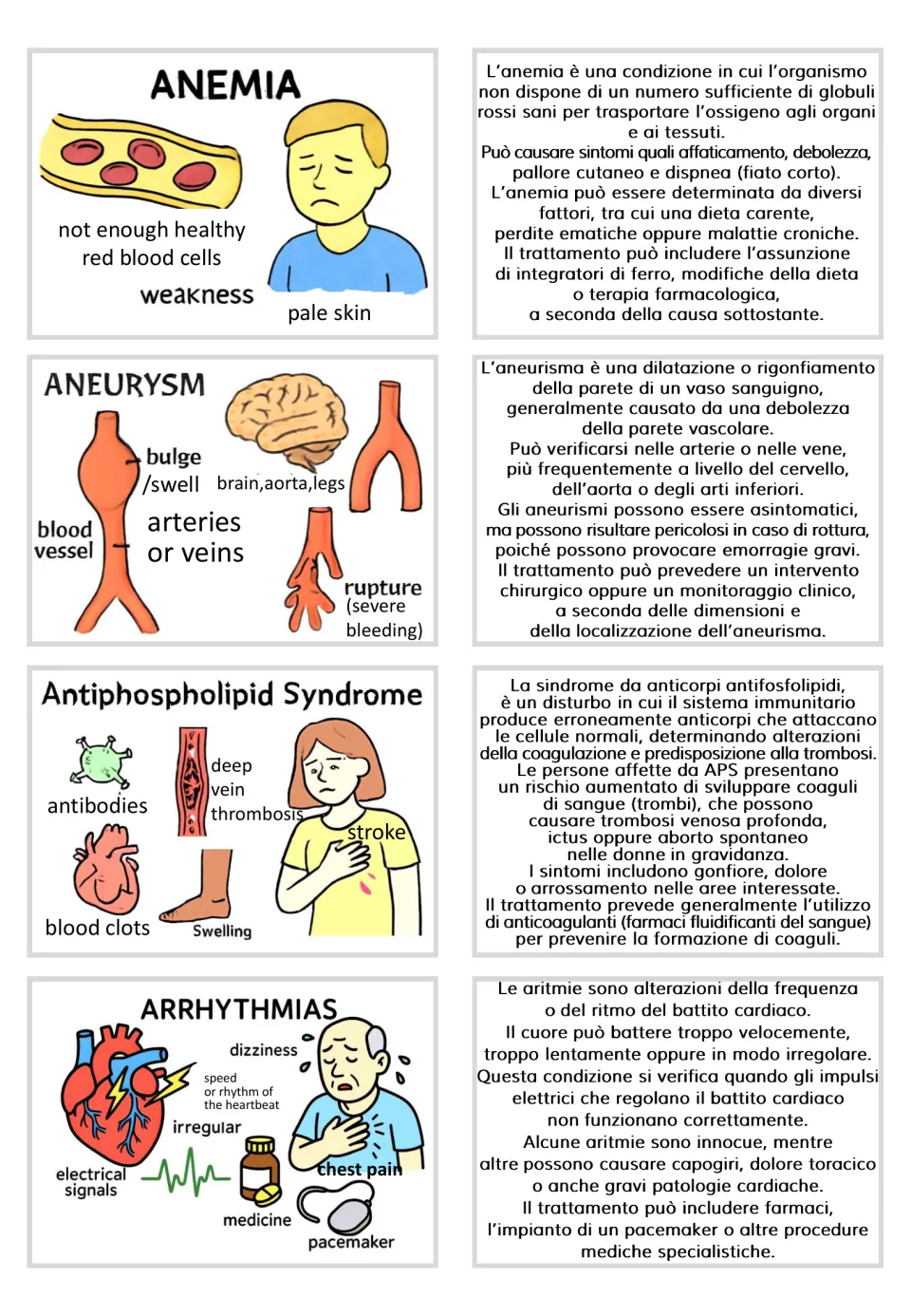 Illustrated cards and Italian texts for anemia, aneurysm, antiphospholipid syndrome, and arrhythmias