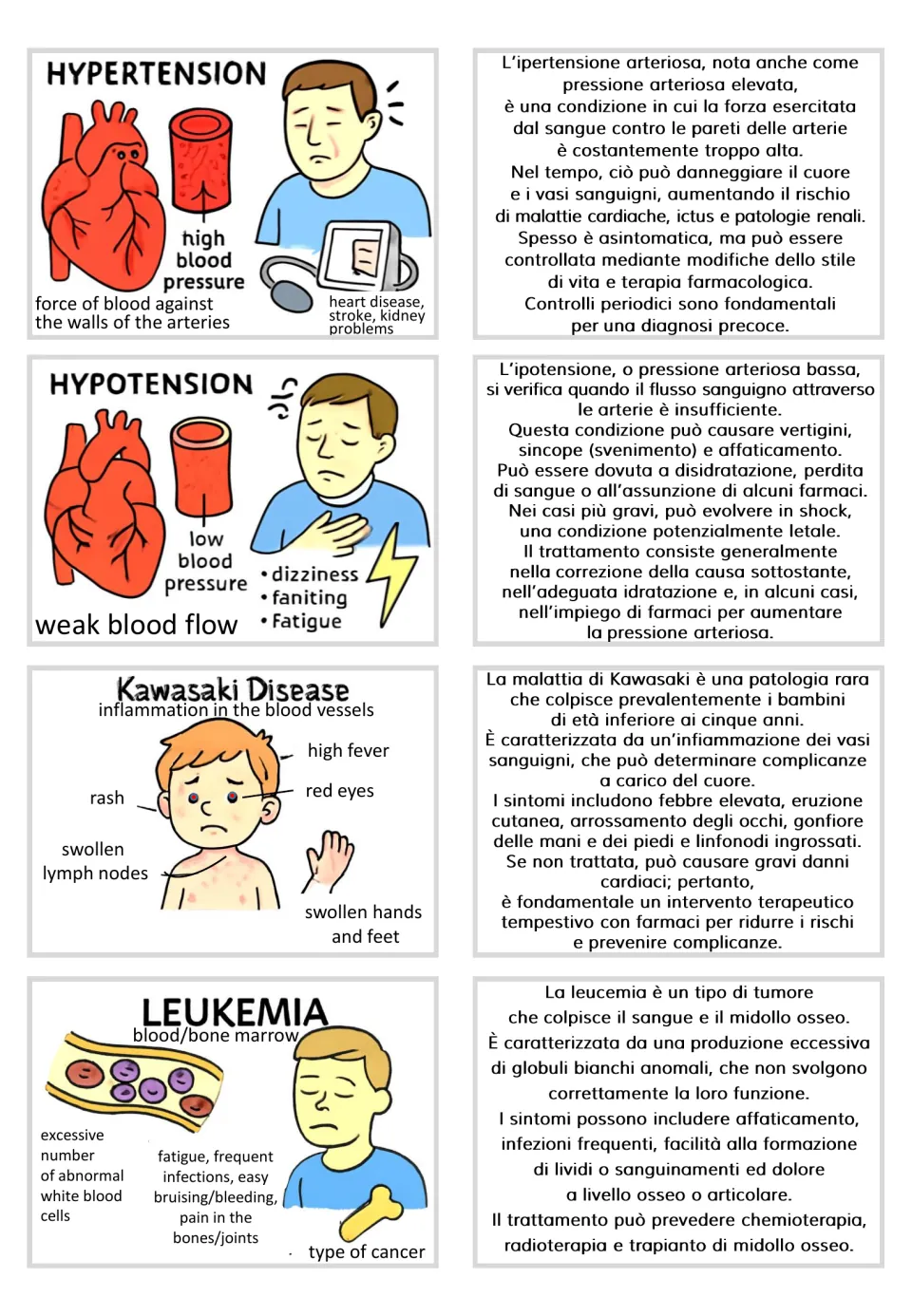 Illustrated cards and Italian texts for hypertension, hypotension, Kawasaki disease, and leukemia