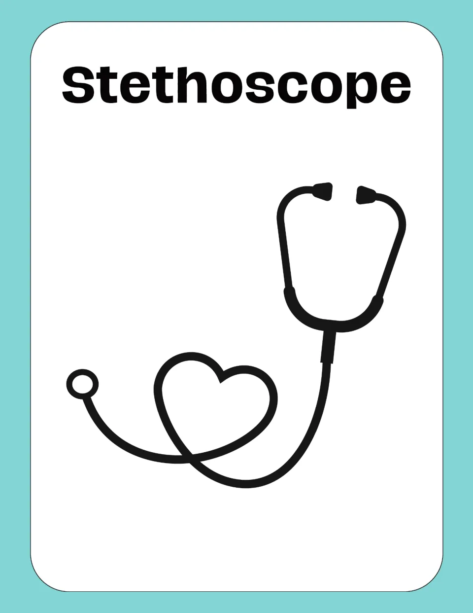 Medical vocabulary flashcard labeled “Stethoscope,” showing the earpieces, tubing, and chest piece