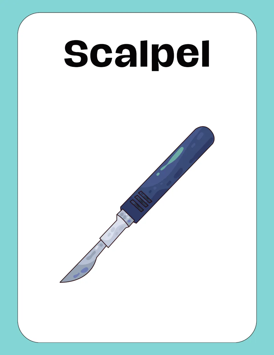 Medical vocabulary flashcard labeled “Scalpel,” showing a surgical tool with a blue handle and curved blade