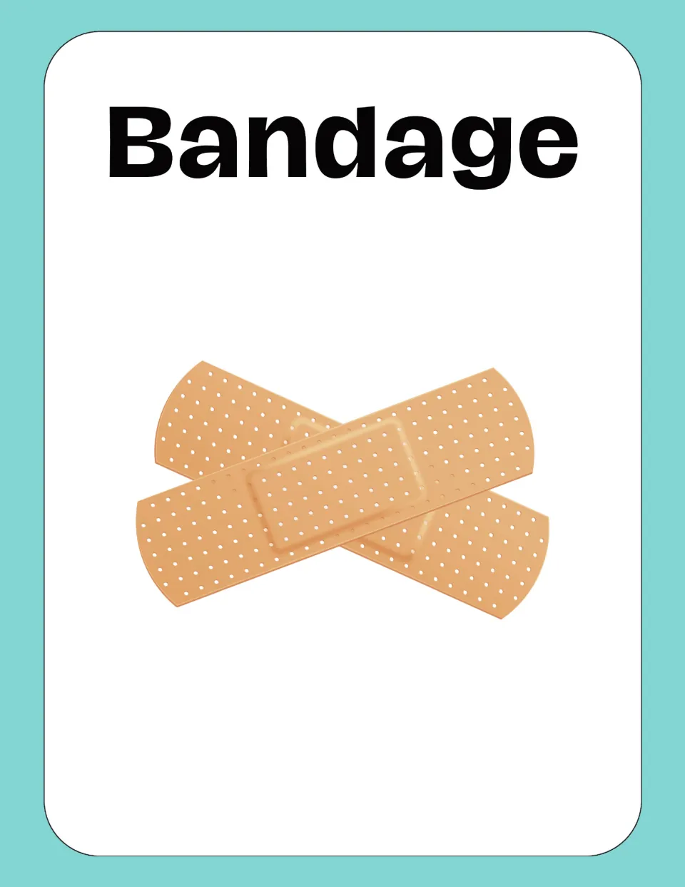 Medical vocabulary flashcard labeled “Bandage,” showing two tan adhesive bandages crossed over each other