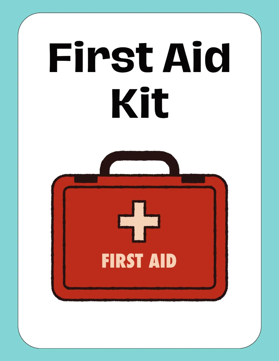 Medical vocabulary flashcard labeled “First Aid Kit,” showing a red case marked “FIRST AID” with a cross