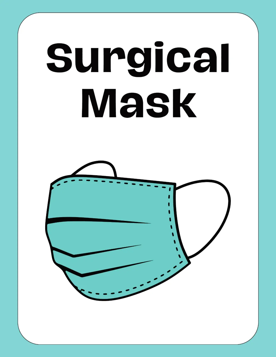 Medical vocabulary flashcard labeled “Surgical Mask,” showing a teal pleated face mask with ear loops