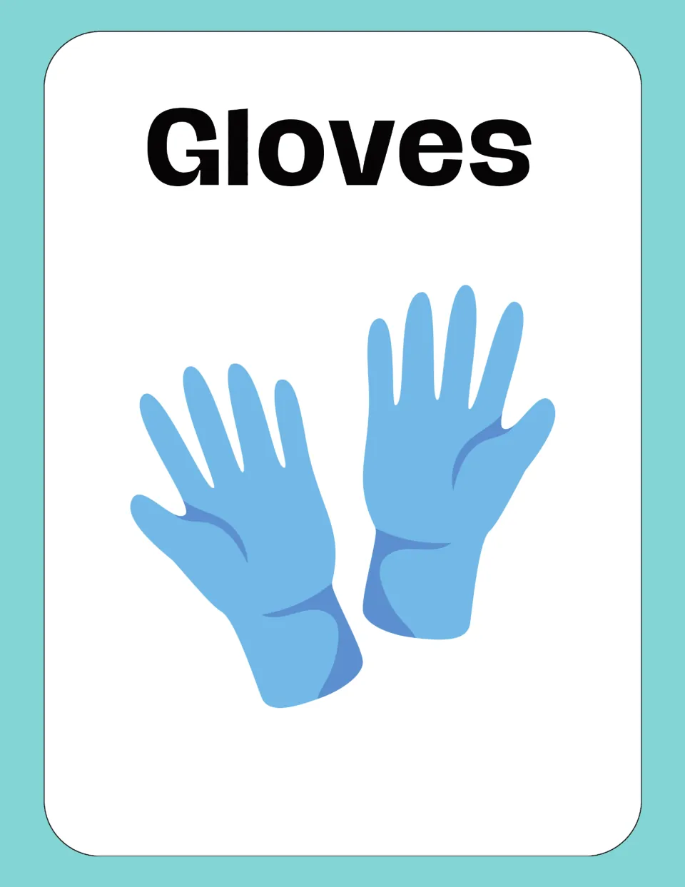 Medical vocabulary flashcard labeled “Gloves,” showing a pair of blue medical gloves with extended fingers