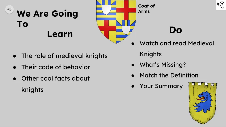 Lesson goals introduce knights' roles and behavior, followed by reading, matching, and summary tasks