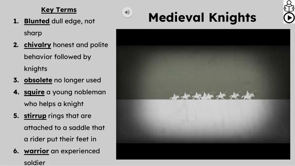 Video slide defines six key terms: blunted, chivalry, obsolete, squire, stirrup, and warrior