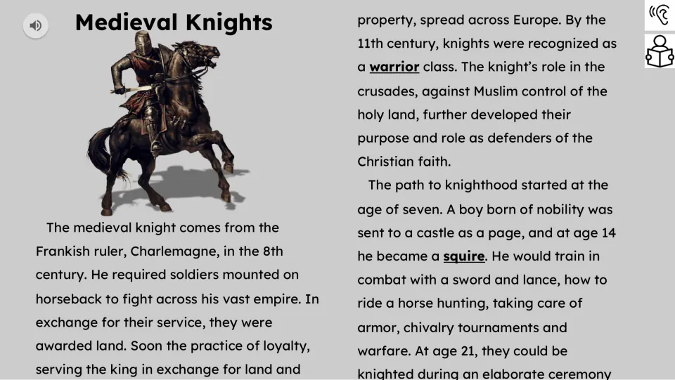 Reading passage opening explains Charlemagne, land for military service, and training as a page and squire