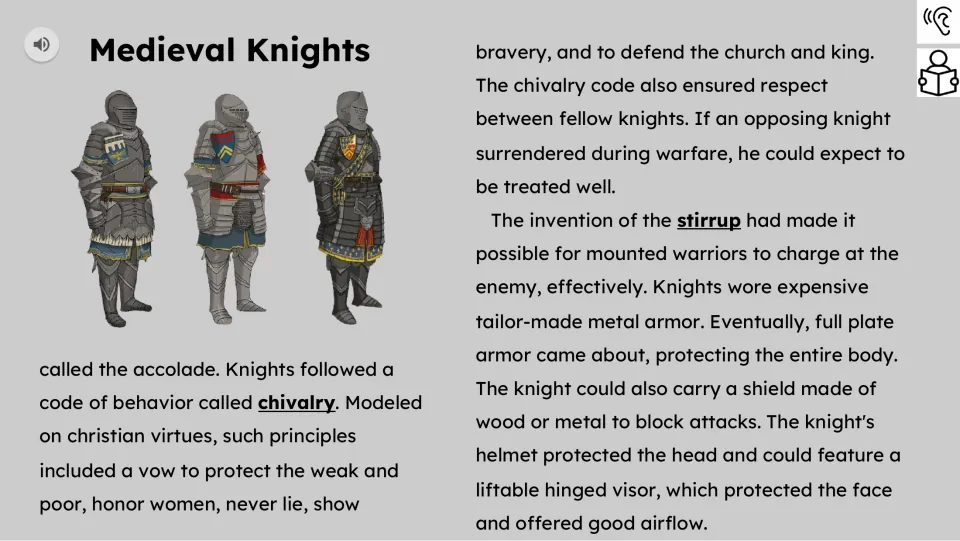 Reading passage continues with the accolade ceremony, chivalry, stirrups, armor, shields, and helmets