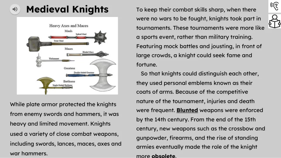 Reading passage concludes with weapons, tournaments, jousting, coats of arms, and the decline of knights