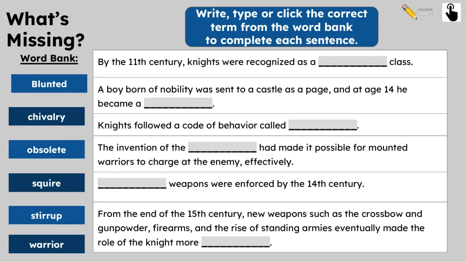 What's Missing? activity asks students to complete six sentences about knights using a six-term word bank