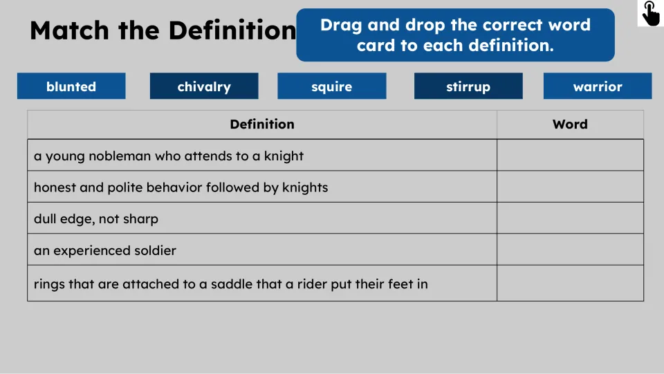 Vocabulary matching activity asks students to pair blunted, chivalry, squire, stirrup, and warrior with meanings
