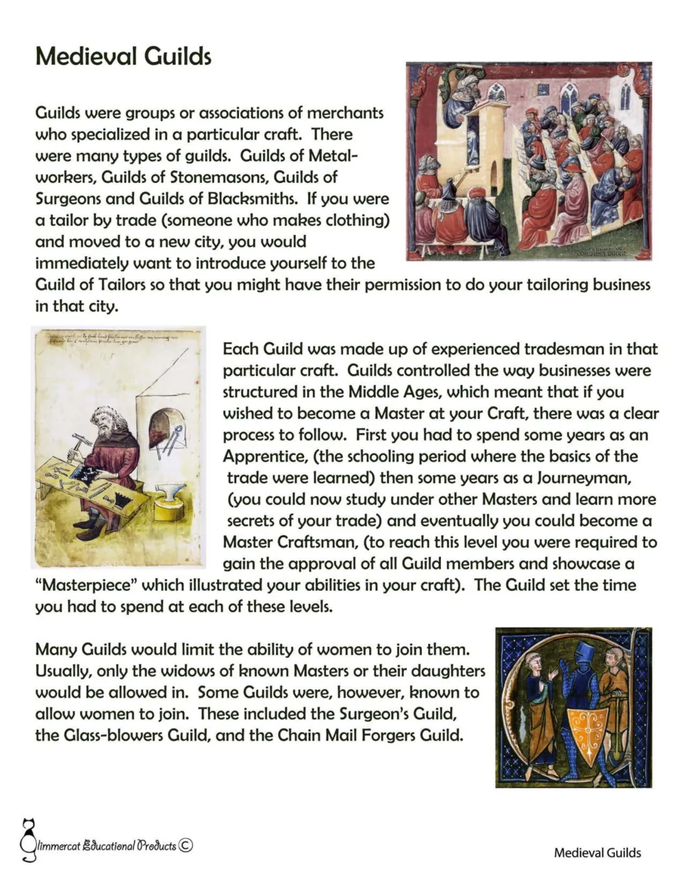 Medieval Guilds reading explains craft associations, apprentice-to-master training, and women’s membership
