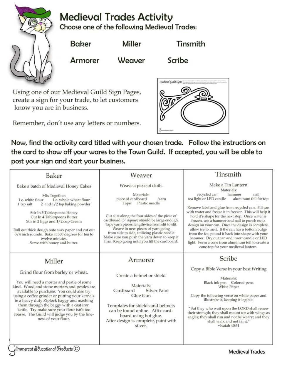 Medieval trades directions and six activity cards: baker, weaver, tinsmith, miller, armorer, and scribe