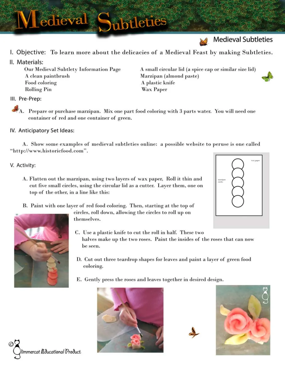 Marzipan rose lesson lists materials and preparation, then shows how to roll, color, and shape two roses