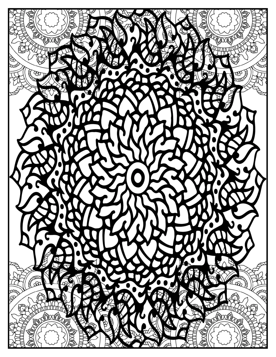 Mandala coloring page: students color a large mandala of flame-like petals and dotted swirls around a ringed center