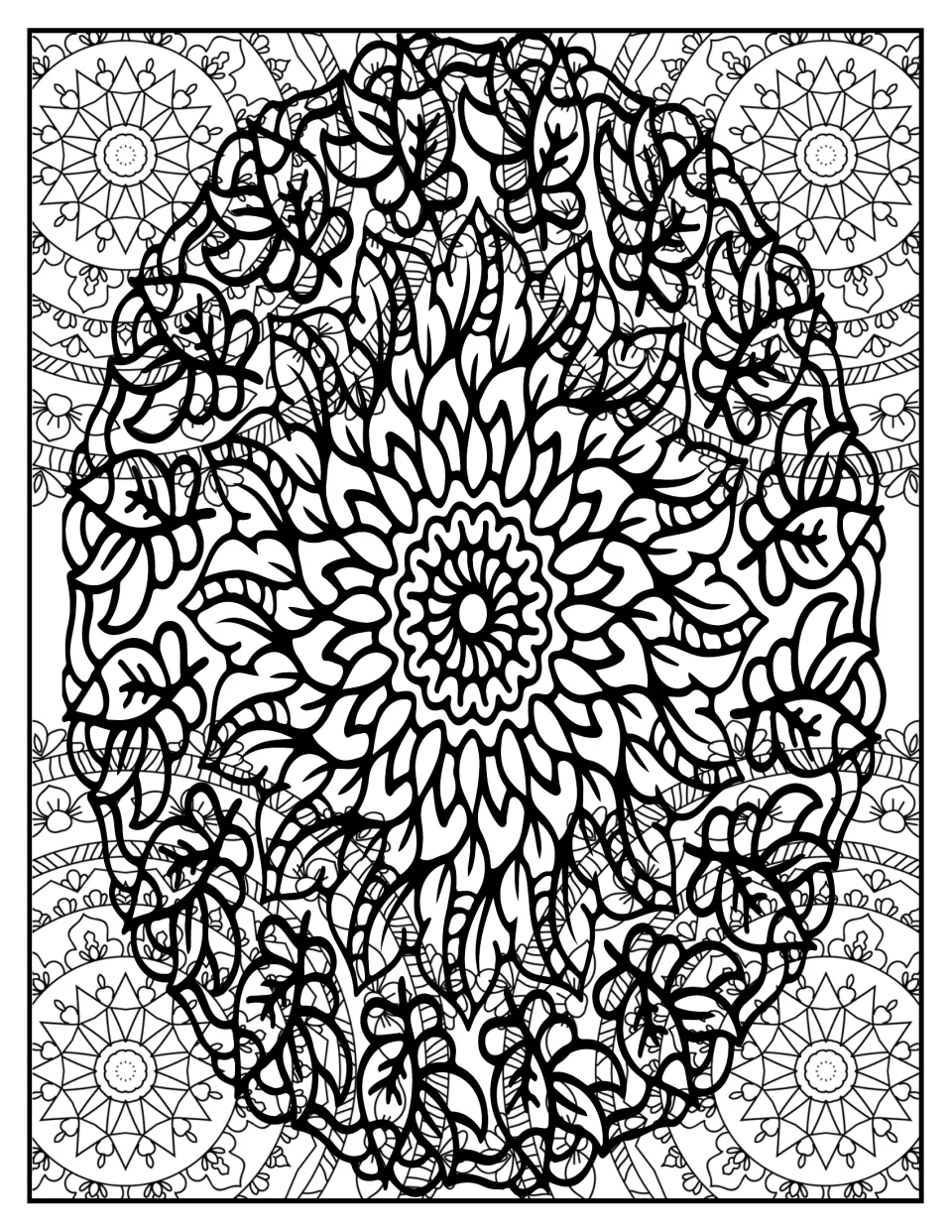 Mandala coloring page: students color a leafy oval mandala with veined leaves ringing a many-petaled flower center