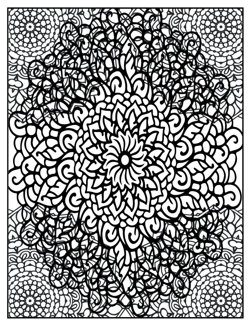 Mandala coloring page: students color a dense mandala of curling spirals and loops around a small daisy-like center