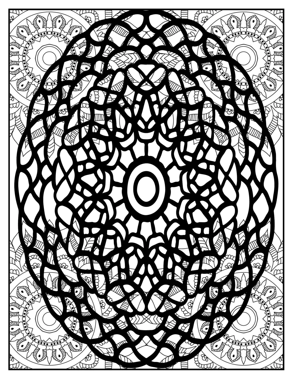 Mandala coloring page: students color an open, web-like oval mandala of chunky interlocking shapes around an oval ring
