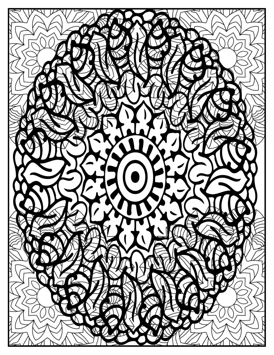 Mandala coloring page: students color an oval mandala with a sunburst ring and leaf-shaped petals inside wavy foliage