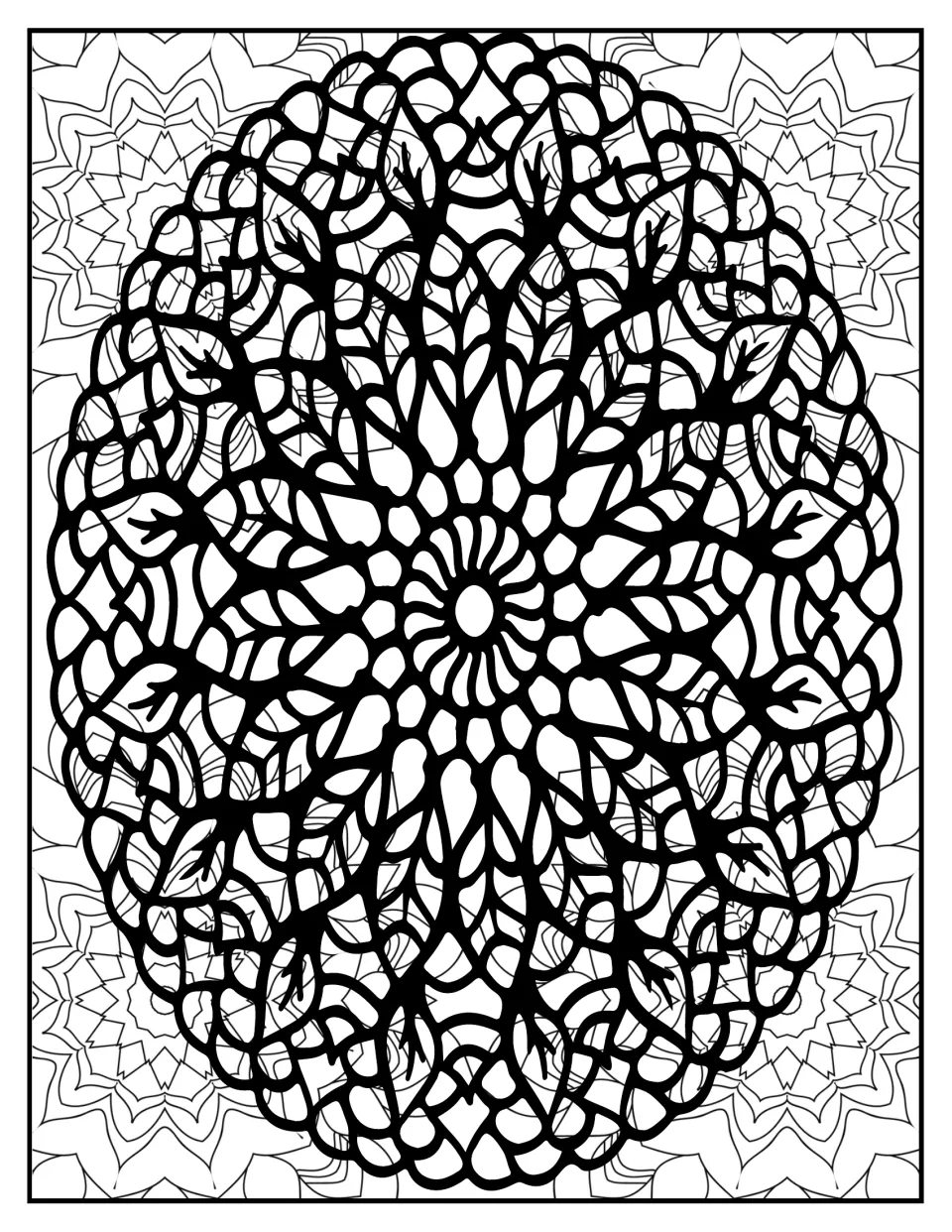 Mandala coloring page: students color an oval mandala of branching, tree-like veins and pebble shapes around a hub