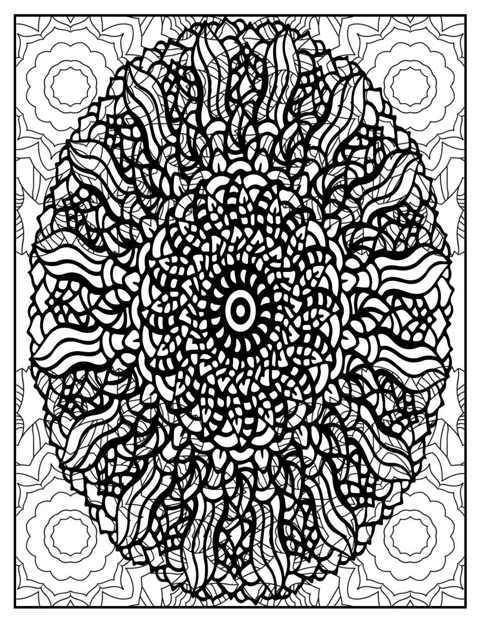 Mandala coloring page: students color a highly detailed oval mandala of tiny tiles with wavy striped rays radiating out