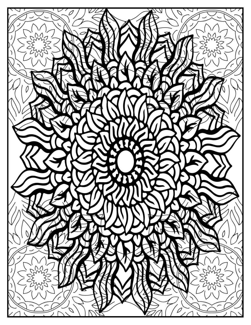 Mandala coloring page: students color a sunflower-like mandala with layered pointed petals and striped outer leaves