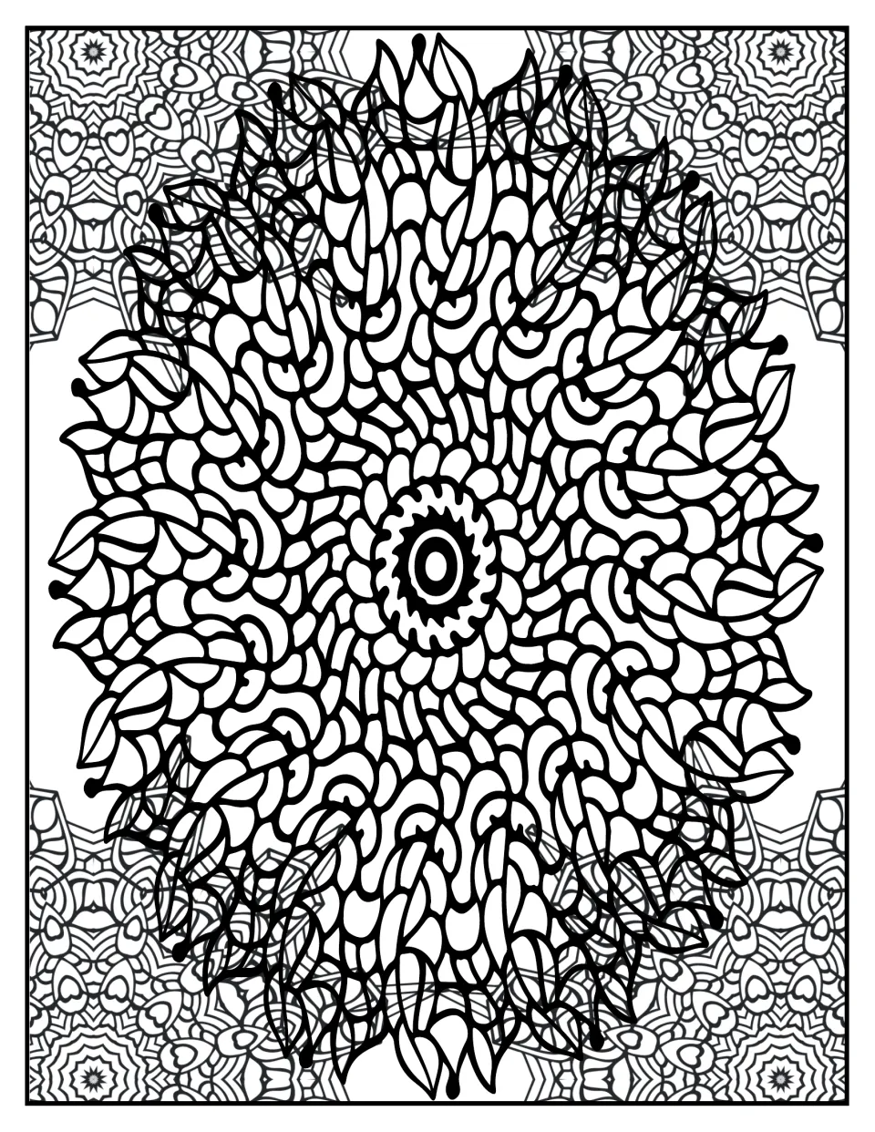 Mandala coloring page: students color a mandala of small teardrop and comma shapes swirling out from a toothed center
