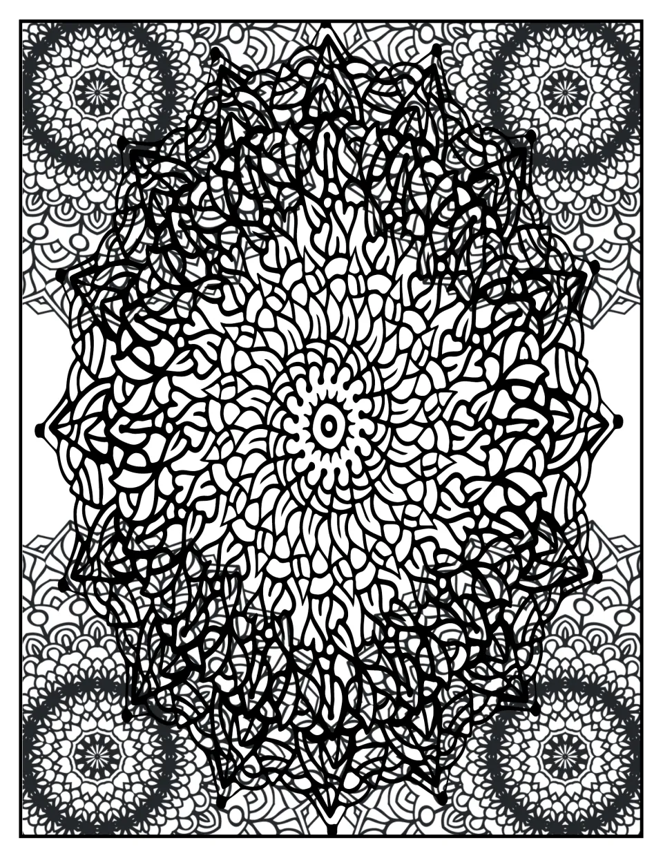 Mandala coloring page: students color a star-pointed mandala packed with fine shapes, with darker mandalas in the corners