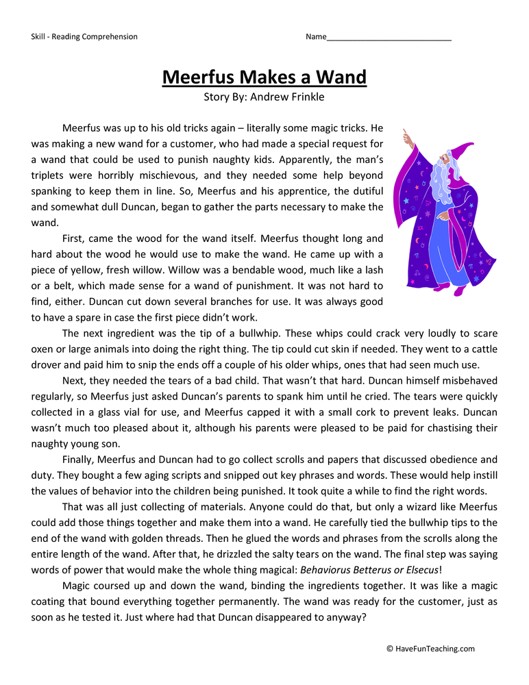 Meerfus Makes a Wand Reading Comprehension Worksheet teaching resource preview