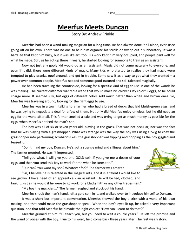Meerfus Meets Duncan Reading Comprehension Worksheet teaching resource preview