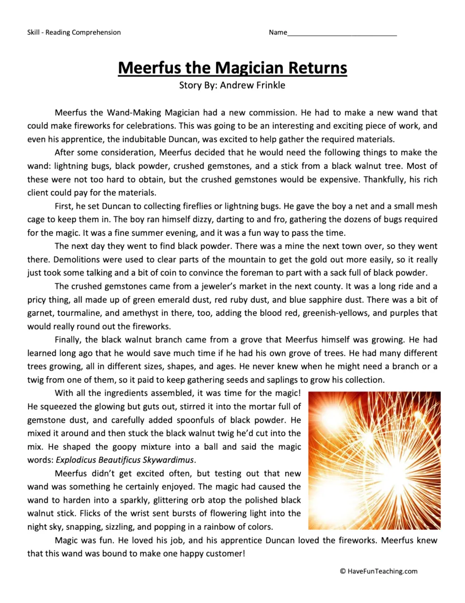 Reading passage about Meerfus and Duncan gathering ingredients to make a wand that creates fireworks.