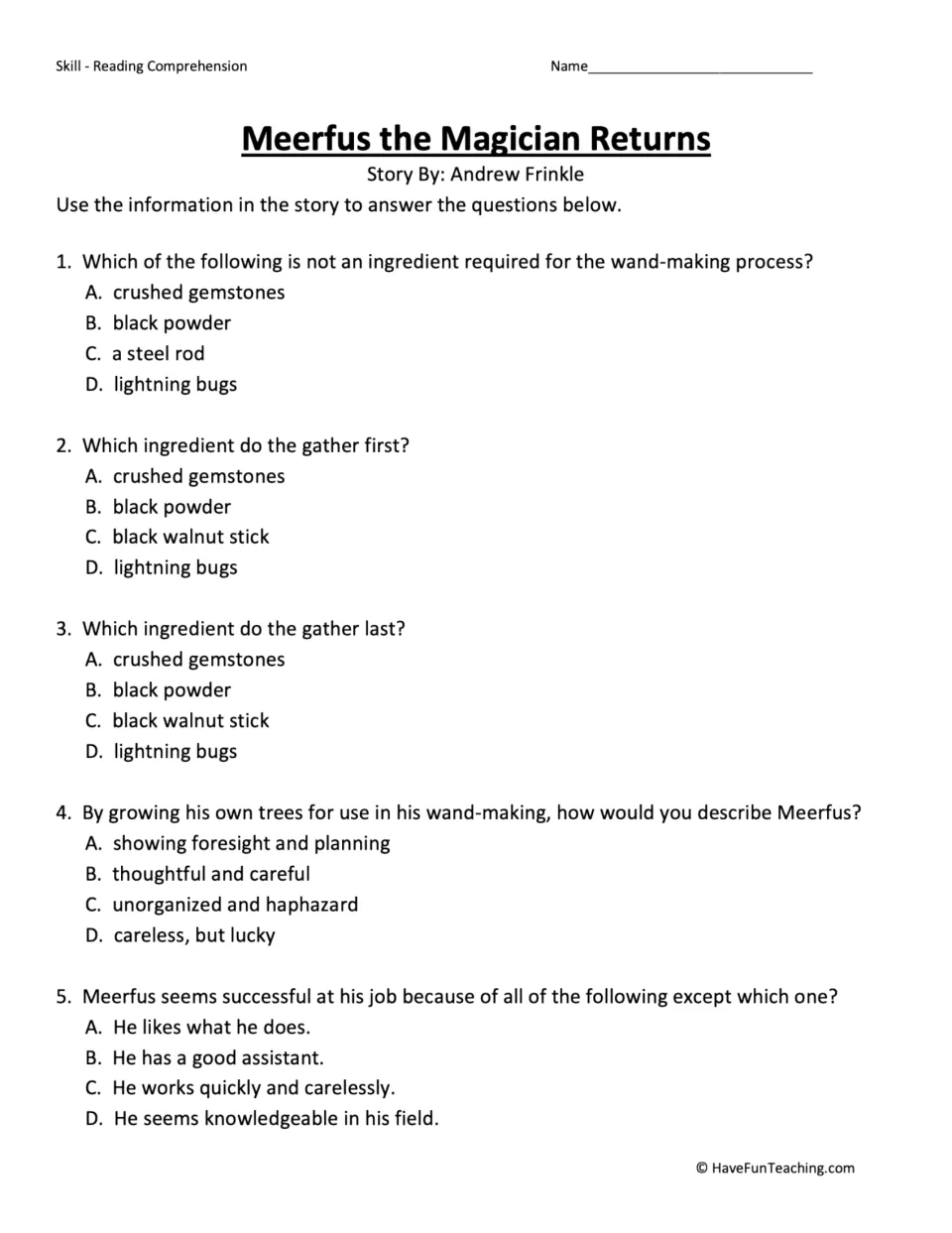 Five multiple-choice questions on wand ingredients, their collection order, and Meerfus's planning and work.