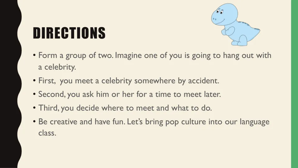 Role-play directions: pairs act out meeting a celebrity by chance, asking to meet later and planning the outing