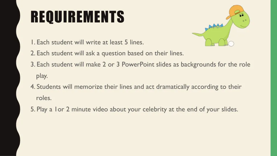 Role-play requirements: students write 5+ lines, ask a question, make 2-3 slides, memorize lines and end with a video
