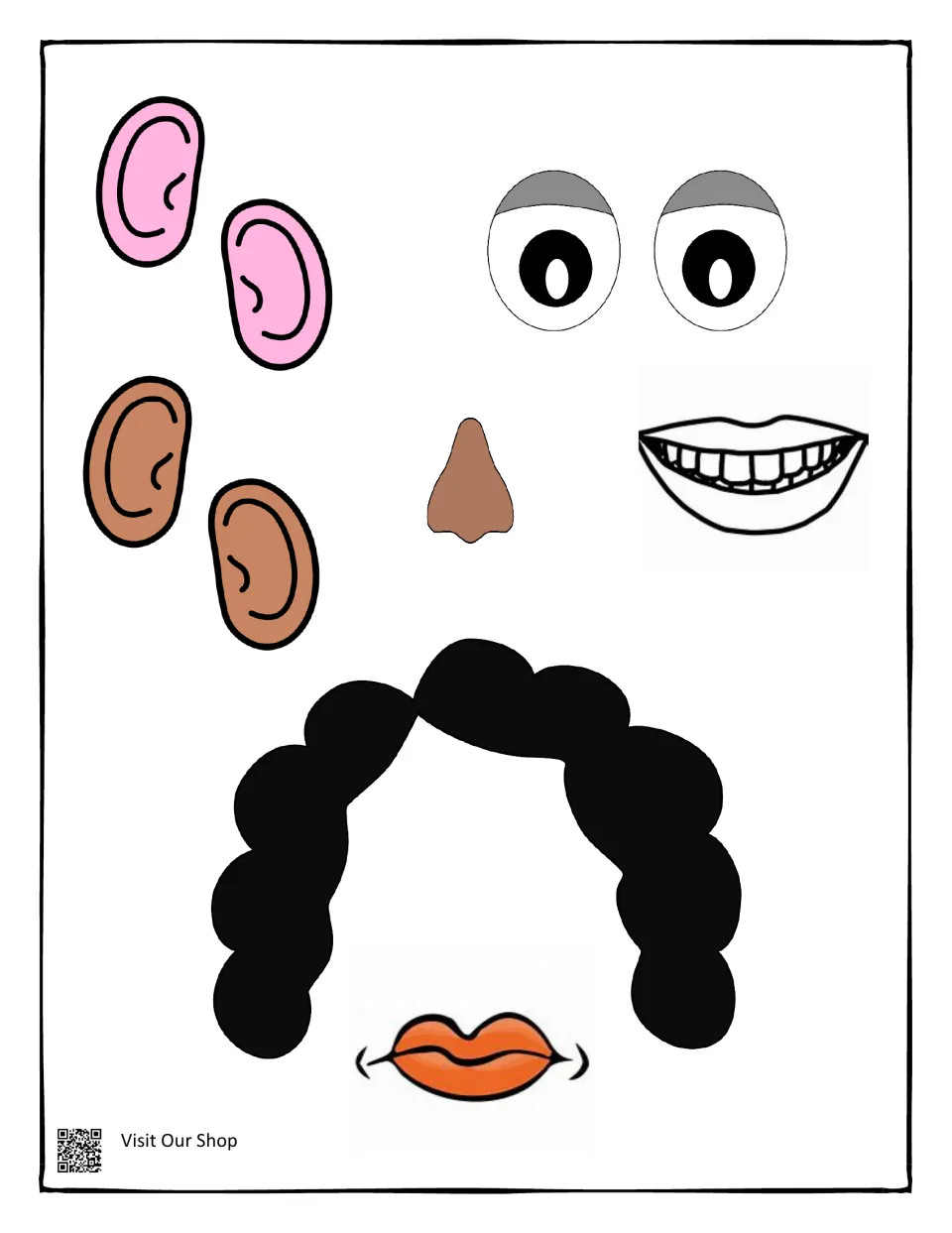 Face part cut-outs: two pairs of ears, wide eyes, a nose, a toothy smile, orange lips and curly black hair to mix and match