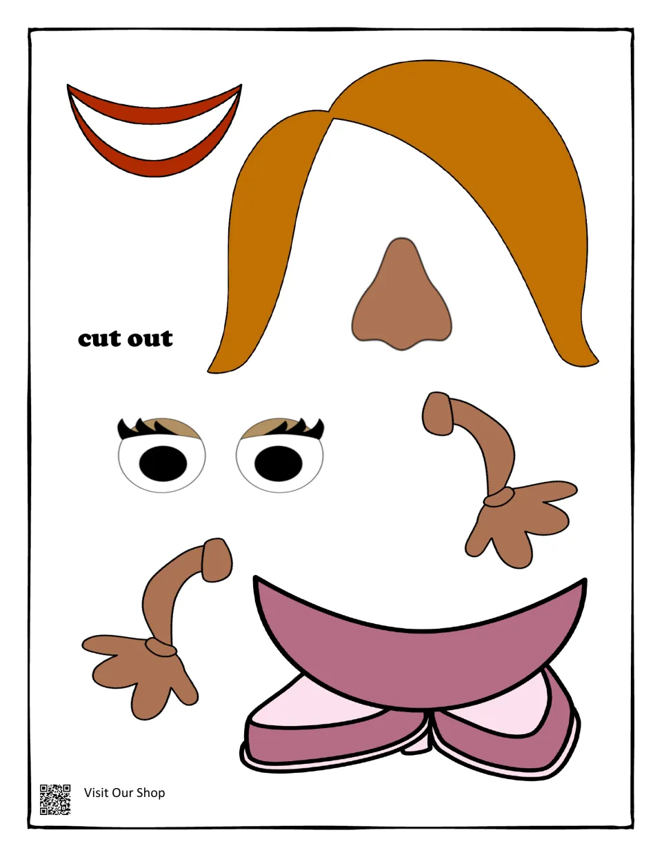 Cut-out set: red smile, orange hair, nose, lashed eyes, two brown arms and a purple base with shoes to snip and attach