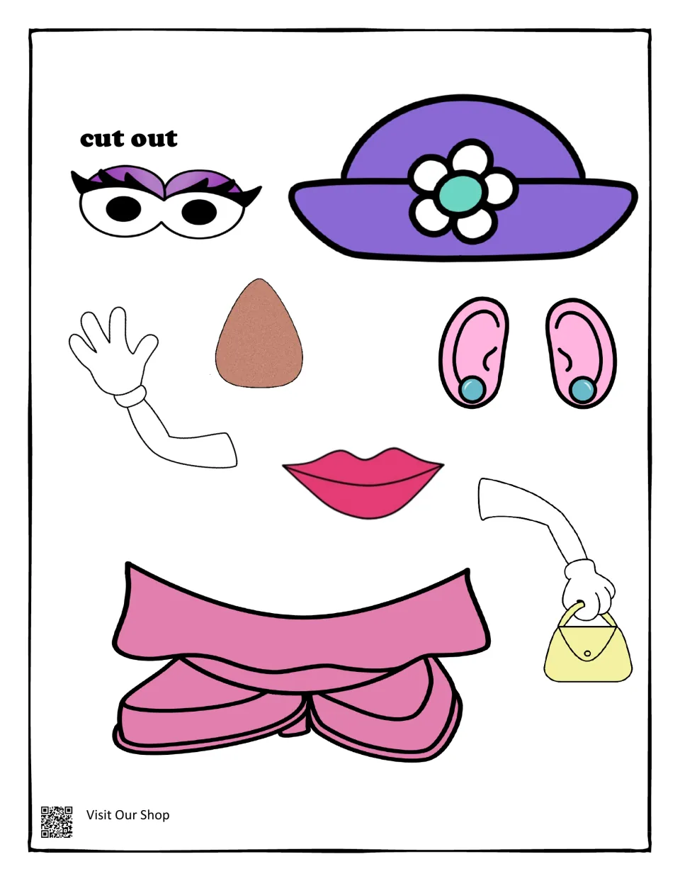 Dress-up cut-outs: purple flower hat, lashed eyes, nose, ears with earrings, pink lips, gloved arms, a purse and pink shoes
