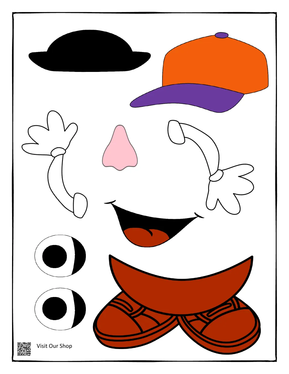 Accessory cut-outs: black bowler hat, orange cap, pink nose, white-gloved arms, open mouth, two eyes and red shoes