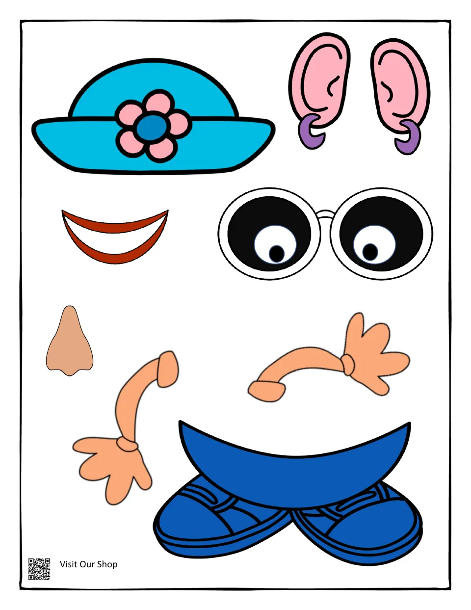 More cut-outs: blue flower hat, ears with hoop earrings, smile, sunglasses eyes, nose, two arms and blue shoes