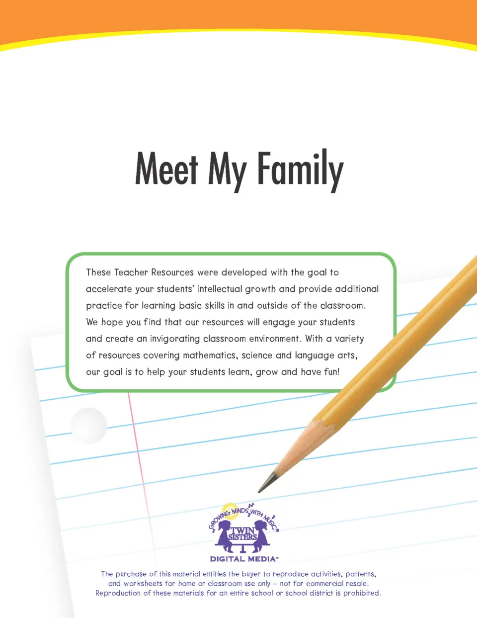 Meet My Family cover from Twin Sisters with a note to teachers and copying terms for home or classroom use