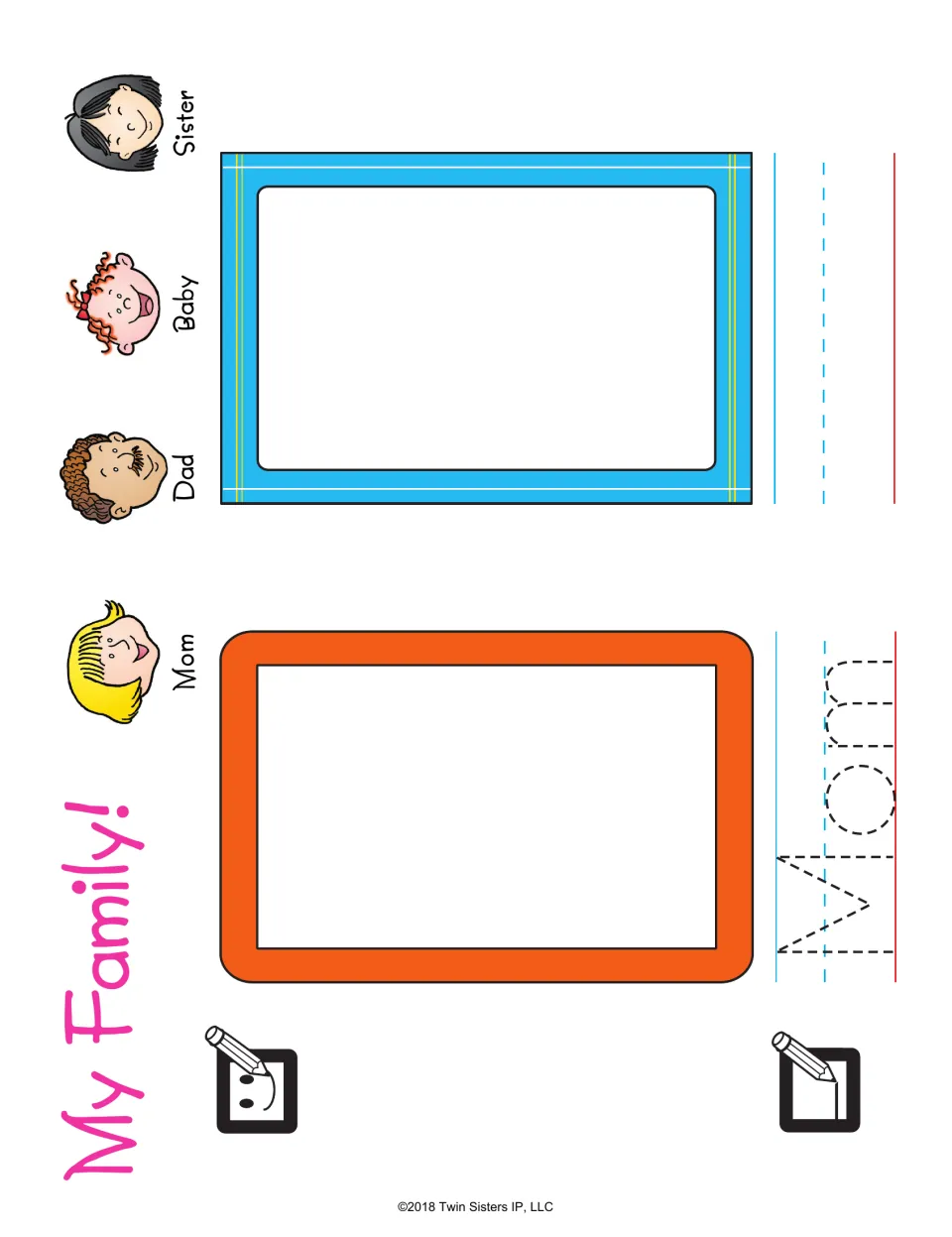 My Family!: students draw Mom in a frame and trace the word Mom, with labeled faces for Mom, Dad, Baby and Sister