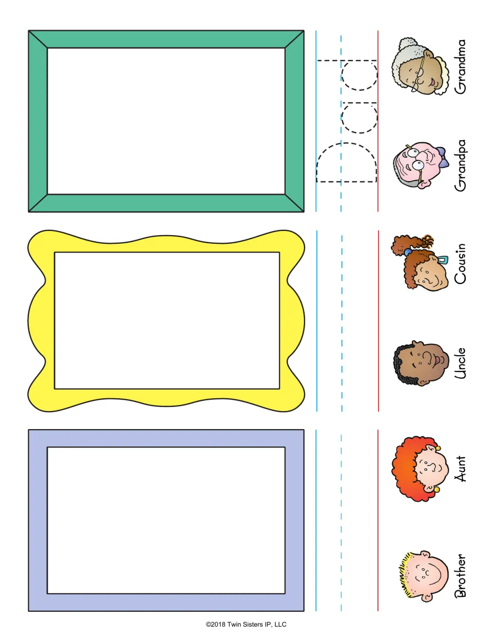 Relatives: students draw family in three frames and trace Dad, with faces of brother, aunt, uncle, cousin and grandparents