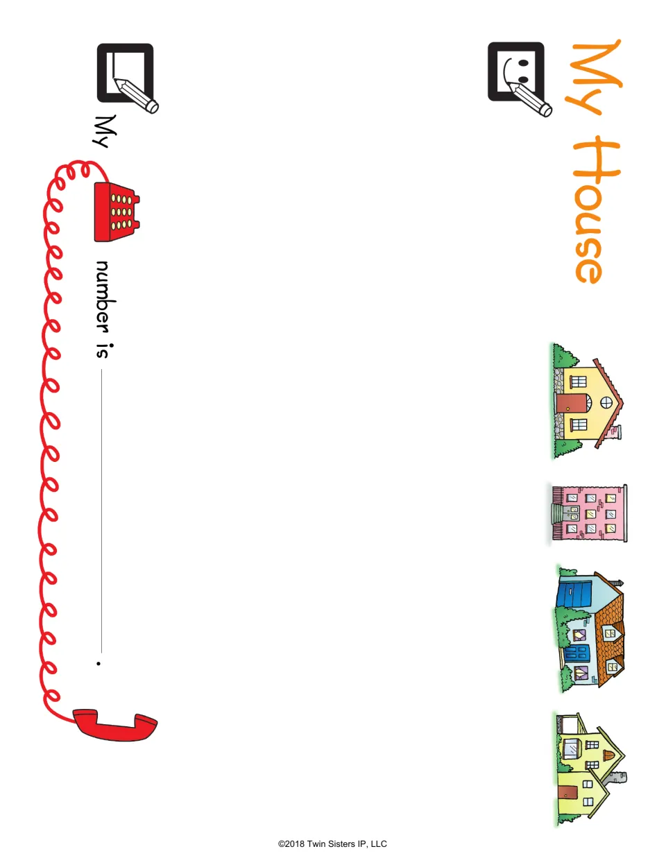 My House: students draw their home beside four house pictures and write their phone number on the My number is line