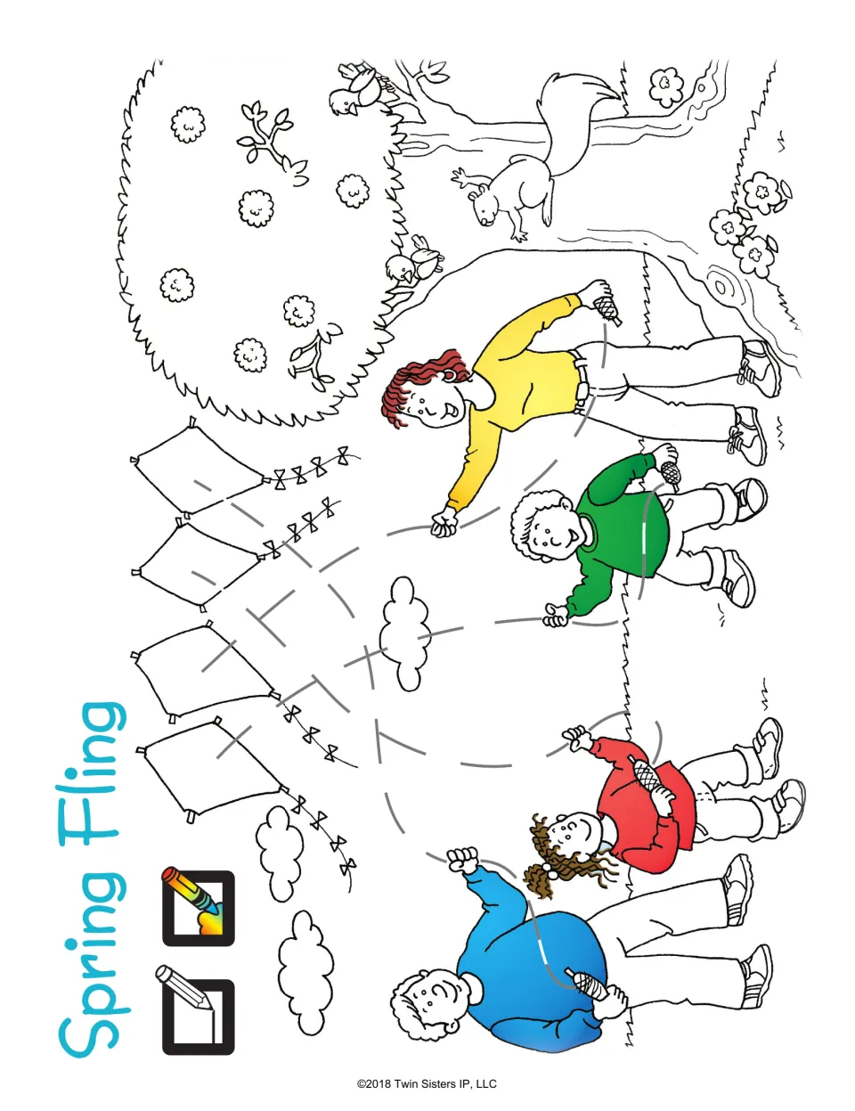 Spring Fling: students trace dashed kite strings from four children to their kites, then color the park scene