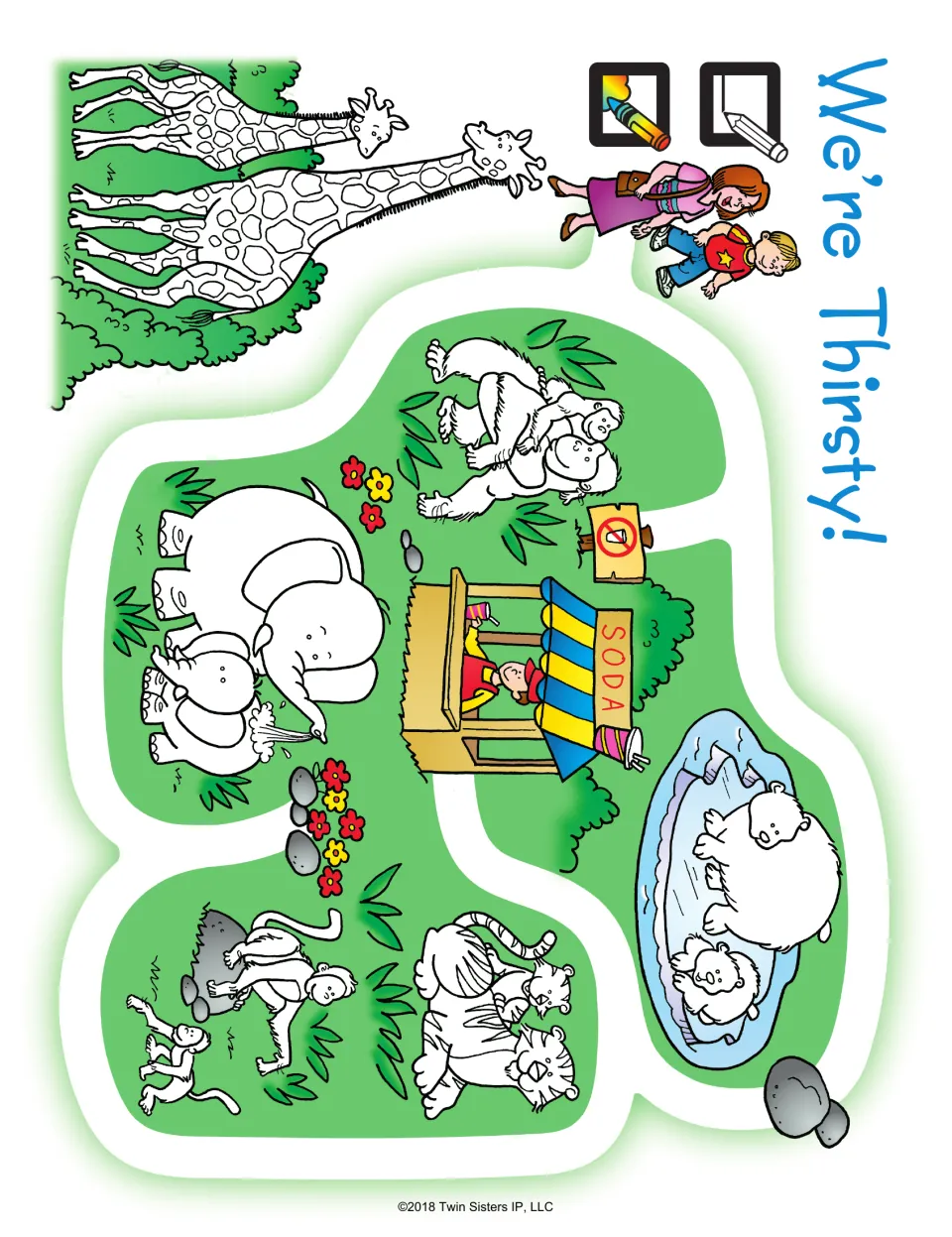We're Thirsty!: students trace a zoo path past giraffes, elephants and tigers to the soda stand, then color the animals