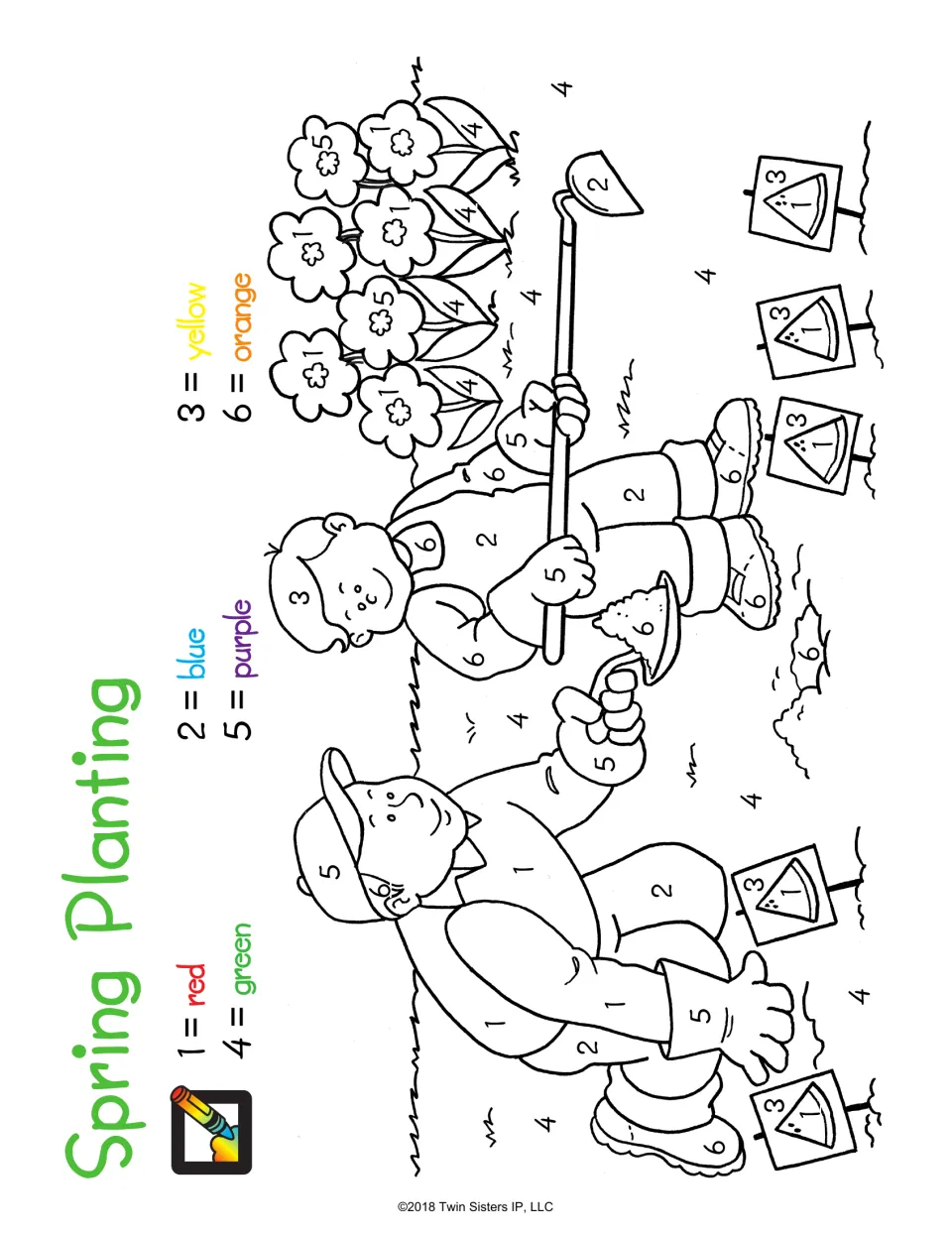 Spring Planting: color by number using a key of 1 red to 6 orange on two gardeners planting flowers and seed packets