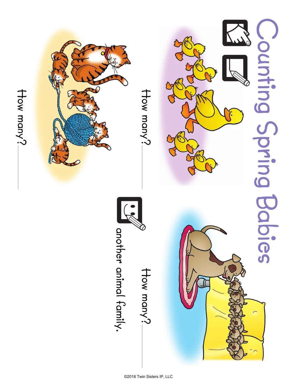 Counting Spring Babies: students count ducklings, kittens and puppies, write each total and draw another animal family