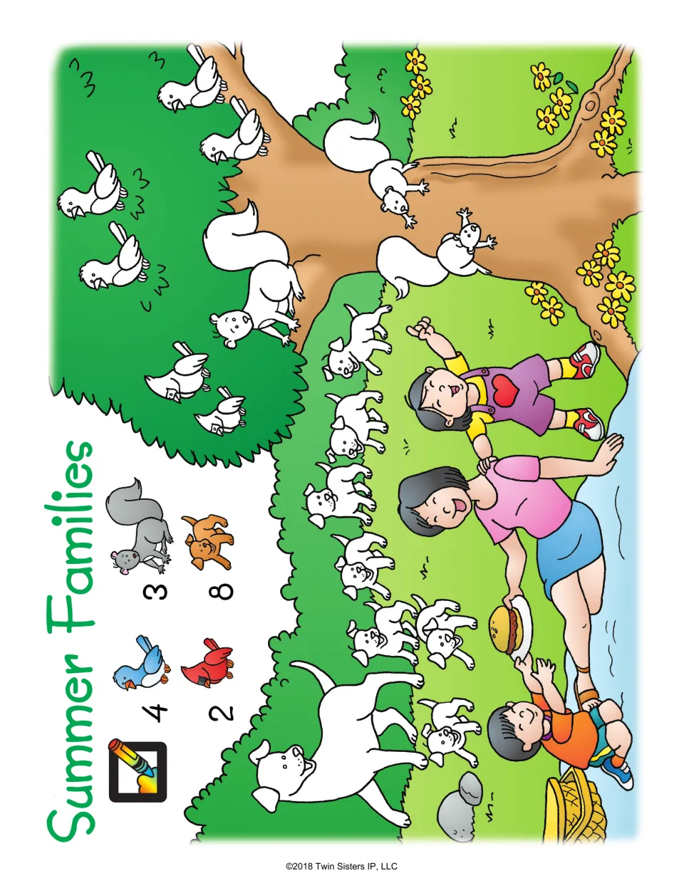 Summer Families: a picnic scene where students color 4 blue birds, 3 squirrels, 2 red birds and 8 puppies by the key