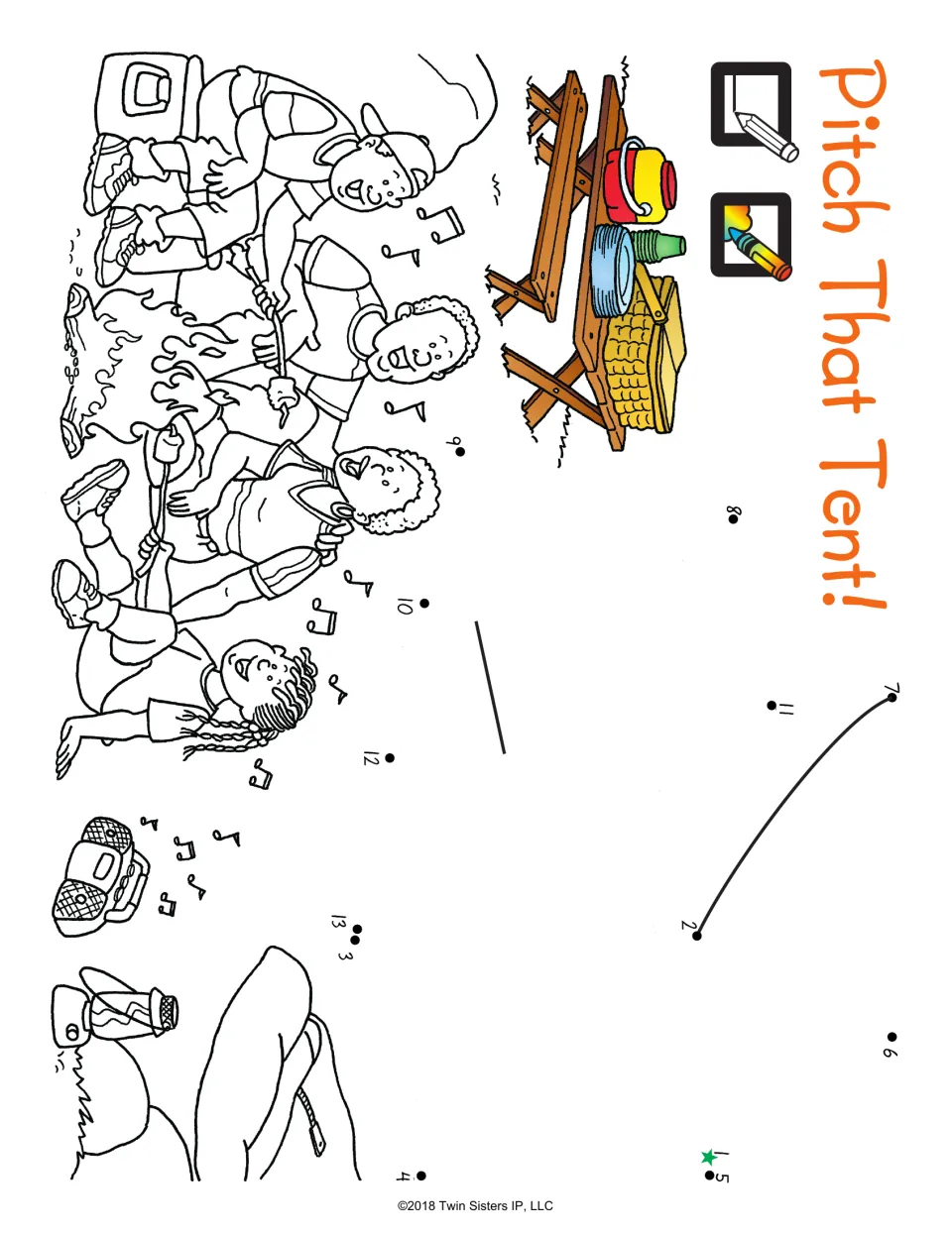 Pitch That Tent!: students connect dots 1 to 13 to finish a tent beside a campfire sing-along, then color the scene