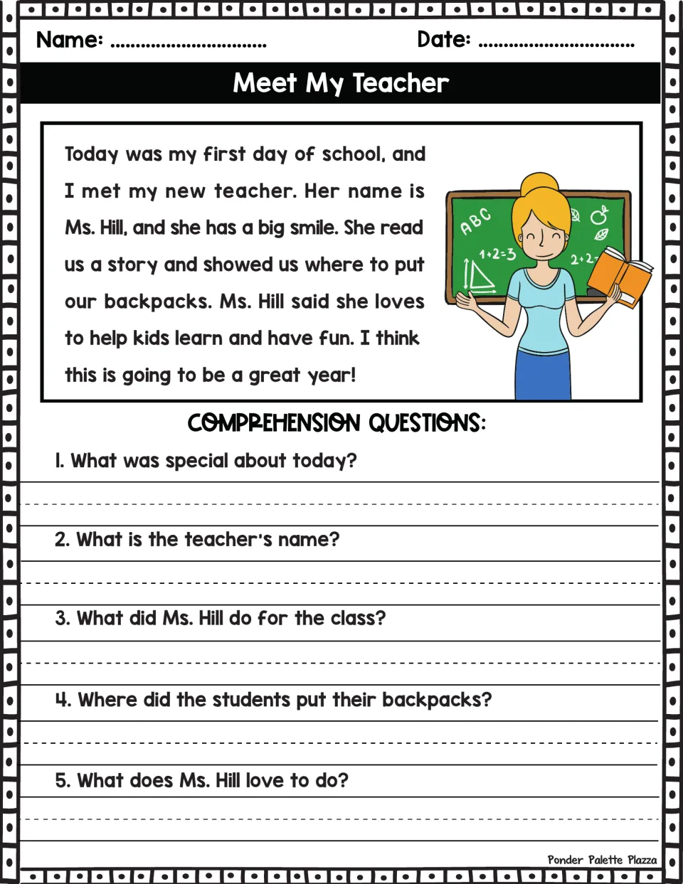 First-day-of-school passage about teacher Ms. Hill; students read it and write answers to 5 comprehension questions
